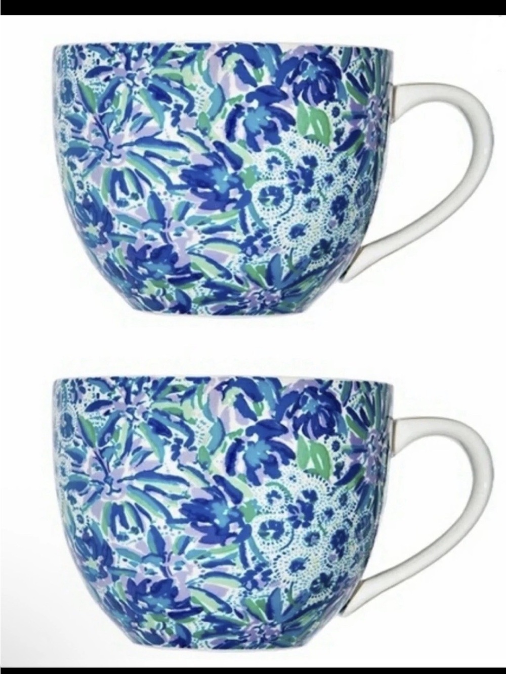 Lilly Pulitzer Ceramic 12oz Mugs Blue Floral Set of 2 NEW